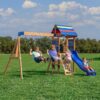Backyard Discovery Bay Pointe Cedar Wood Swing Set with Wave Slide, Play Deck, Rock Wall Ladder, Belt Swings, Chalkboard, Canopy Roof, Outdoor Playset, Blue