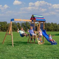 Backyard Discovery Bay Pointe Cedar Wood Swing Set with Wave Slide, Play Deck, Rock Wall Ladder, Belt Swings, Chalkboard, Canopy Roof, Outdoor Playset, Blue