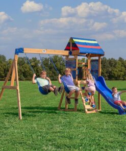 Backyard Discovery Bay Pointe Cedar Wood Swing Set with Wave Slide, Play Deck, Rock Wall Ladder, Belt Swings, Chalkboard, Canopy Roof, Outdoor Playset, Blue