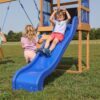Backyard Discovery Bay Pointe Cedar Wood Swing Set with Wave Slide, Play Deck, Rock Wall Ladder, Belt Swings, Chalkboard, Canopy Roof, Outdoor Playset, Blue