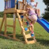 Backyard Discovery Bay Pointe Cedar Wood Swing Set with Wave Slide, Play Deck, Rock Wall Ladder, Belt Swings, Chalkboard, Canopy Roof, Outdoor Playset, Blue