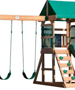 Backyard Discovery Buckley Hill Cedar Wood Swing Set with Wave Slide, Play Deck, Rock Wall Ladder, Belt Swings, Chalkboard, Canopy Roof, Outdoor Playset
