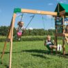 Backyard Discovery Buckley Hill Cedar Wood Swing Set with Wave Slide, Play Deck, Rock Wall Ladder, Belt Swings, Chalkboard, Canopy Roof, Outdoor Playset, Green