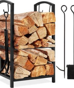 Best Choice Products 5-Piece Indoor Outdoor Wrought Iron Firewood Log Storage Rack Holder Firepit Tools Set for Fireplace, Fire Pit, Stove w/Hook, Broom, Shovel, Tongs - Black