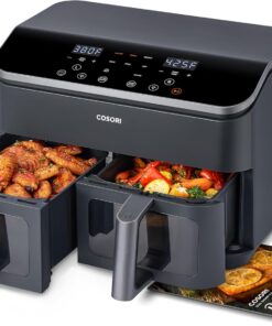 COSORI Dual Air Fryer 9Qt – 10-in-1, Fresh Balanced Meals for Family and Children with Double Baskets, Sync Cook & Finish to Bake, Roast, Reheat, Broil & 130 Recipes for Easy Cooking, Dishwasher Safe