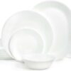 Corelle Vitrelle 38-Piece Service for 12 Dinnerware Set, Triple Layer Glass and Chip Resistant, Lightweight Round Plates and Bowls Set, Winter Frost White