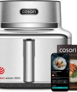 Cosori Iconic Stainless Steel 6.5 Qt Smart Air Fryer, PFAS-Free Ceramic Coating, Max 450°F, Consistent Cooking, Air Fry, Roast, Bake, Dry, Proof, Reheat, Dishwasher-Safe Basket, Chef-Crafted Recipes