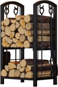 Fire Beauty Fireplace Firewood Log Rack 5-Piece Storage Logs Holder with Tools Set with 4 Tools Set Fireside Holders Wood Lumber Storage Stacking Black (12"D x 16"W x 29"H)