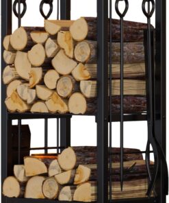 Fire Beauty Fireplace Firewood Log Rack 5-Piece Storage Logs Holder with Tools Set with 4 Tools Set Fireside Holders Wood Lumber Storage Stacking Black (12"D x 16"W x 29"H)