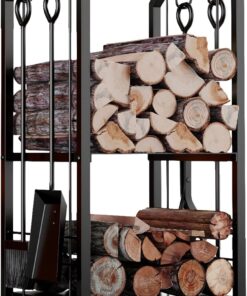 Fire Beauty Fireplace Firewood Log Rack 5-Piece Storage Logs Holder with Tools Set with 4 Tools Set Fireside Holders Wood Lumber Storage Stacking Black