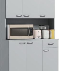 HOMCOM 71" Kitchen Pantry Cabinet, Tall Storage Cabinet with Microwave Stand, Buffet with Hutch, 6 Doors, Storage Drawer, 3 Adjustable Shelves for Living Room, Dining Room, Gray