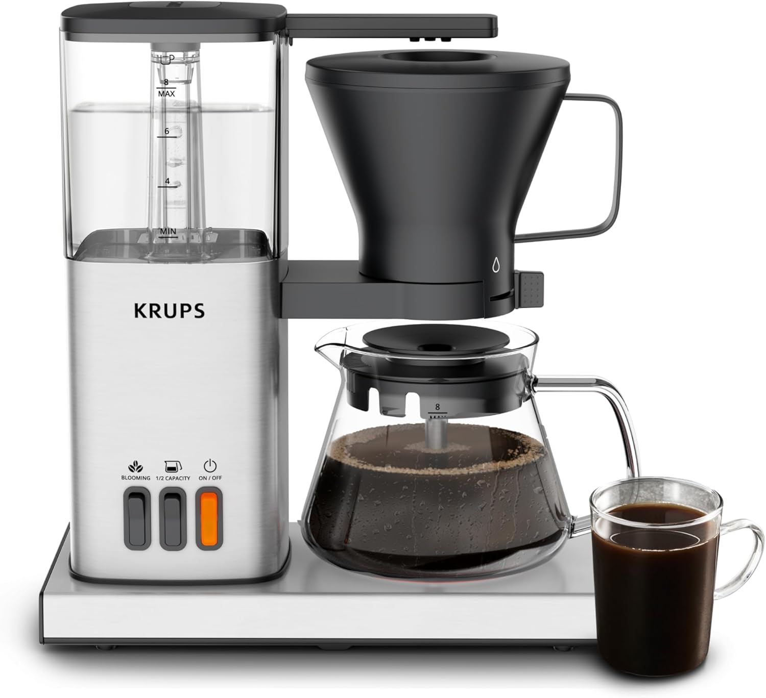 KRUPS Essential Brewer 8 Cup Drip Coffee Maker Machine, SCA-Certified, Blooming Technology, Barista-Quality, Pour Over Coffee Machine, Easy to Clean, Stainless Steel Design, Silver KRUPS Essential Brewer 8 Cup Drip Coffee Maker Machine, SCA-Certified, Blooming Technology, Barista-Quality, Pour Over Coffee Machine, Easy to Clean, Stainless Steel Design, Silver