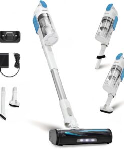 LEVOIT Cordless Stick Vacuum, Anti-Tangle, LED Headlights, Removable Battery, Self-Standing, Strong Suction, for Pet Hair, Hard Floor, Carpet, LVAC-200 White&Blue