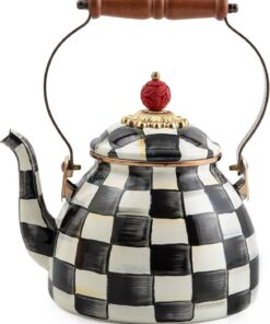 MACKENZIE-CHILDS Enamel Tea Kettle, Stylish Tea Kettle for Stovetop, Black-and-White Courtly Check, 2 Quarts