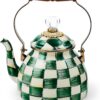 MACKENZIE-CHILDS Enamel Tea Kettle, Stylish Tea Kettle for Stovetop, Green-and-White Emerald Check, 2 Quarts