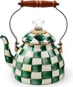 MACKENZIE-CHILDS Enamel Tea Kettle, Stylish Tea Kettle for Stovetop, Green-and-White Emerald Check, 2 Quarts