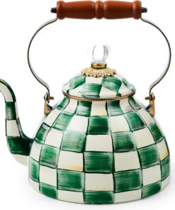 MACKENZIE-CHILDS Enamel Tea Kettle, Stylish Tea Kettle for Stovetop, Green-and-White Emerald Check, 3 Quarts