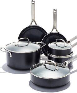 OXO Agility Series 10 Piece Cookware Pots and Pans Set, Ceramic Nonstick PFAS-Free, Induction, Skillets,Saucepans,Lids,Even Heating,Stainless Steel Handles,Chip-Free Rims,Dishwasher & Oven Safe,Black