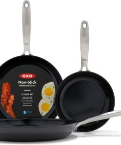 OXO Enhanced, 8" 10" and 12" 3 Piece Frying Pan Skillet Set, Healthy Ceramic Nonstick, PFAS-Free, Stainless Steel Handle, Dishwasher Safe, Oven Safe, Black