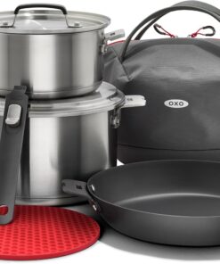 OXO Outdoor 8 Piece Camping Cookware Set, 10" Pre-Seasoned Carbon Steel Frying Pan Skillet, 2.25QT and 5QT Stainless Steel Saucepans with Lids, Removeable Handle, Trivet, Travel Bag, Space-Saving