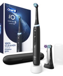 Oral-B iO Deep Clean + Whiten Rechargeable Electric Toothbrush with Visible Pressure Sensor, 2 Minute Timer, 5 Cleaning Settings, 1 iO5 Limited, 3 Toothbrush Heads, Travel Case & Refill Holder, Black