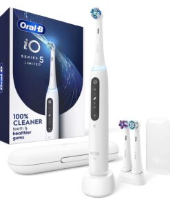 Oral-B iO Deep Clean + Whiten Rechargeable Electric Toothbrush with Visible Pressure Sensor, 2 Minute Timer, 5 Cleaning Settings, 1 iO5 Limited, 3 Toothbrush Heads, Travel Case & Refill Holder, White