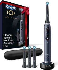 Oral-B iO Series 9 Limited Rechargeable Black Electric Toothbrush with (2) Ultimate Clean and (1) Gentle Care Replacement Brush Heads, Black, Travel Case and Charger