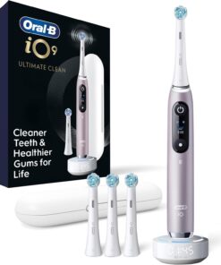 Oral-B iO Series 9 Limited Rechargeable Rose Quartz Electric Toothbrush with (2) Ultimate Clean and (1) Gentle Care Replacement Brush Heads, White, Travel Case-White and Charger