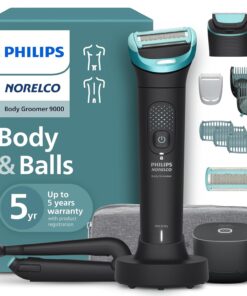 Philips Norelco Body Groomer 9000 Series, Intimate Trimmer for Bi-directional Use & Waterproof Wet Dry Body Shaver System with Foldable Back Attachment & UV Cube Cleaner, BG9485/50