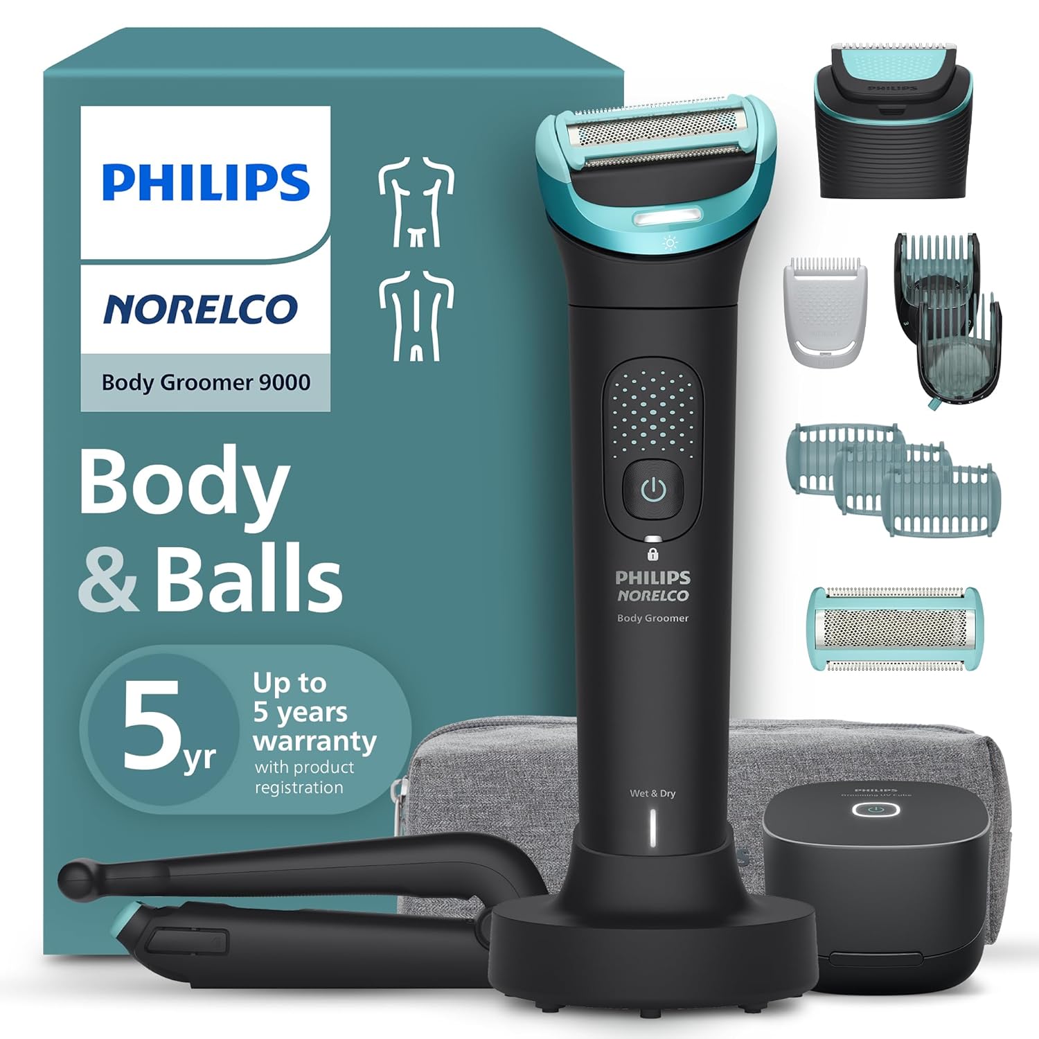 Philips Norelco Body Groomer 9000 Series, Intimate Trimmer for Bi-directional Use & Waterproof Wet Dry Body Shaver System with Foldable Back Attachment & UV Cube Cleaner, BG9485 50 Philips Norelco Body Groomer 9000 Series, Intimate Trimmer for Bi-directional Use & Waterproof Wet Dry Body Shaver System with Foldable Back Attachment & UV Cube Cleaner, BG9485/50