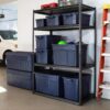 Rubbermaid Roughneck Tote 18 Gal, 6 Pack, Made in USA, Dark Indigo Metallic, Rugged Plastic Stackable Storage Bins with Lids and Handles