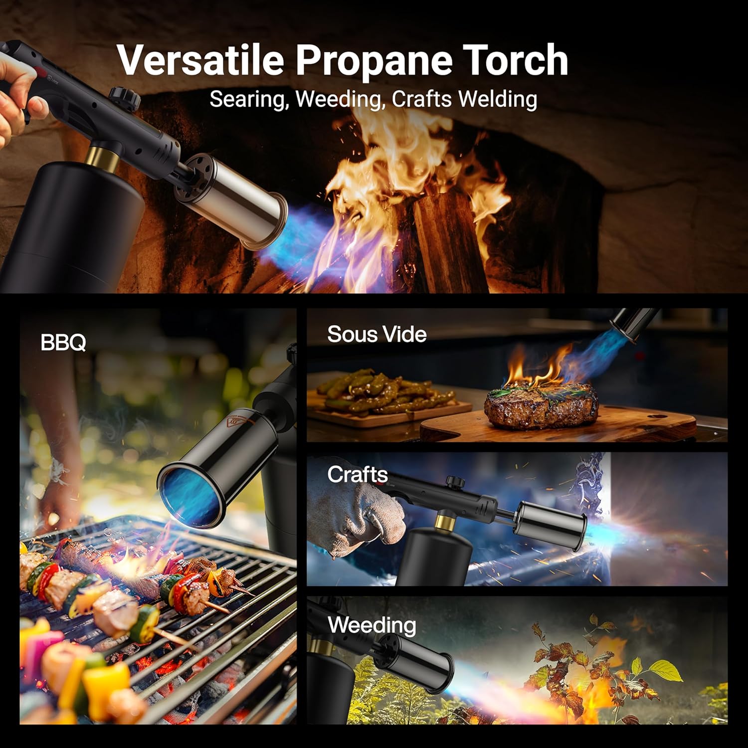 ThermoMaven Propane Torch with One-Touch Max Fire, Cooking Blow Torch Gun with Safety Lock, Charcoal Lighter, Flame Thrower, Gas Welding Kit Kitchen Food Torch Head for Grill, Sous Vide, BBQ, Black ThermoMaven Propane Torch with One-Touch Max Fire, Cooking Blow Torch Gun with Safety Lock, Charcoal Lighter, Flame Thrower, Gas Welding Kit Kitchen Food Torch Head for Grill, Sous Vide, BBQ, Black - Image 2