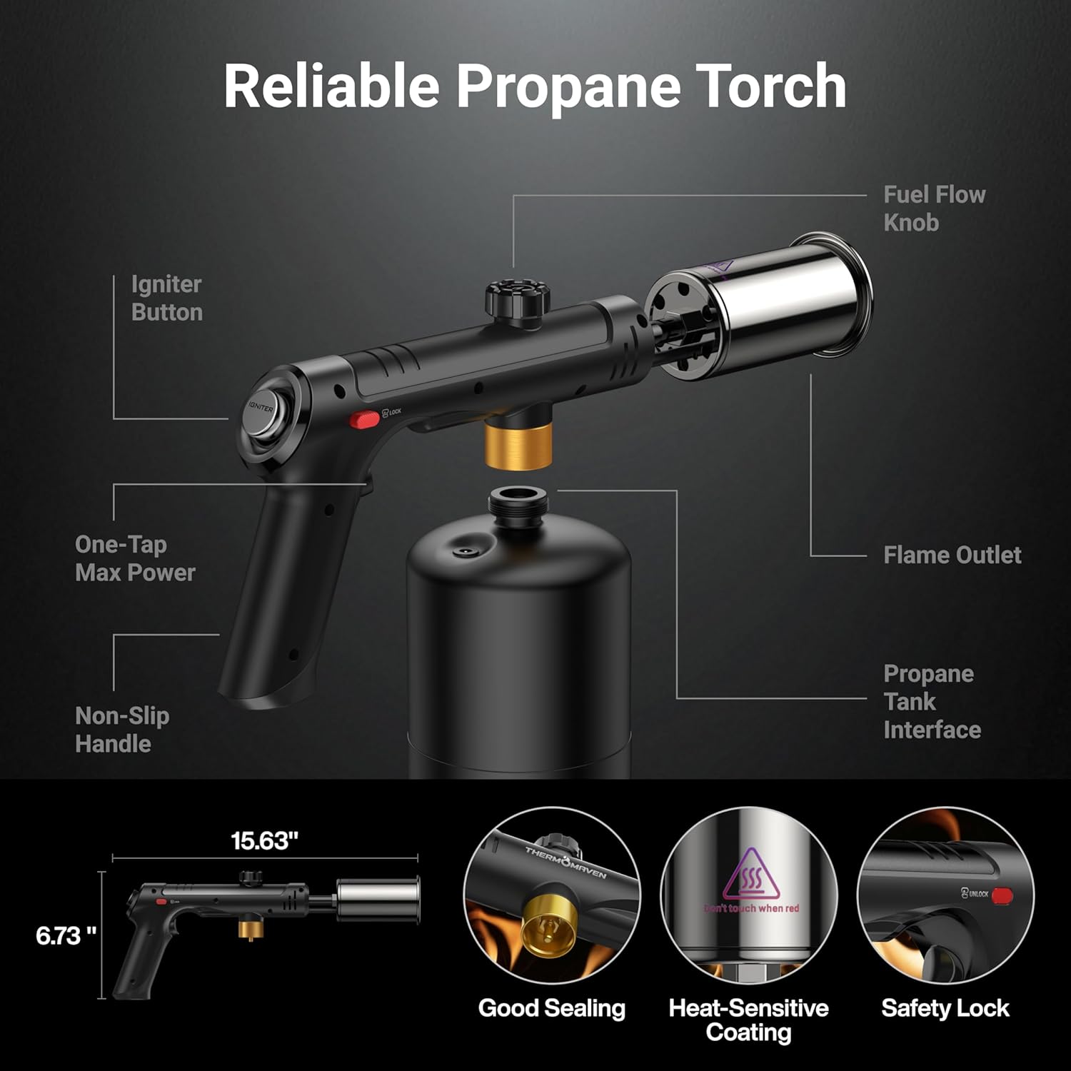 ThermoMaven Propane Torch with One-Touch Max Fire, Cooking Blow Torch Gun with Safety Lock, Charcoal Lighter, Flame Thrower, Gas Welding Kit Kitchen Food Torch Head for Grill, Sous Vide, BBQ, Black ThermoMaven Propane Torch with One-Touch Max Fire, Cooking Blow Torch Gun with Safety Lock, Charcoal Lighter, Flame Thrower, Gas Welding Kit Kitchen Food Torch Head for Grill, Sous Vide, BBQ, Black - Image 5