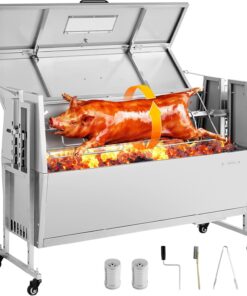 VEVOR Rotisserie Grill, 46in BBQ Outdoor Pig & Lamb Spit Roaster, Charcoal Spit Roaster with 132 LBS Capacity, Wheels & 4-Level Height, Stainless Steel Rotisserie Grill Kit for Camping Outdoor Parties