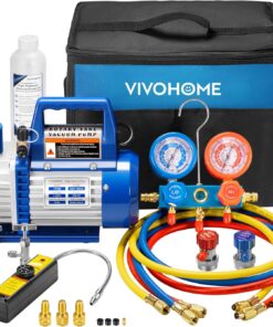 VIVOHOME 110V 1/3 HP 4CFM Single Stage Rotary Vane Air Vacuum Pump and R134a AC Manifold Gauge Set Kit with Leak Detector Carry Bag for HVAC Air Conditioning Refrigeration Recharging ETL Listed