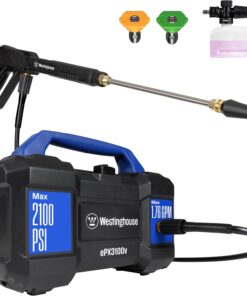 Westinghouse ePX3100v Electric Pressure Washer, 2100 Max PSI 1.76 Max GPM, Built-in Carry Handle, Detachable Foam Cannon, Pro-Style Steel Wand, 3-Nozzle Set, for Cars/Fences/Driveways/Home/Patios