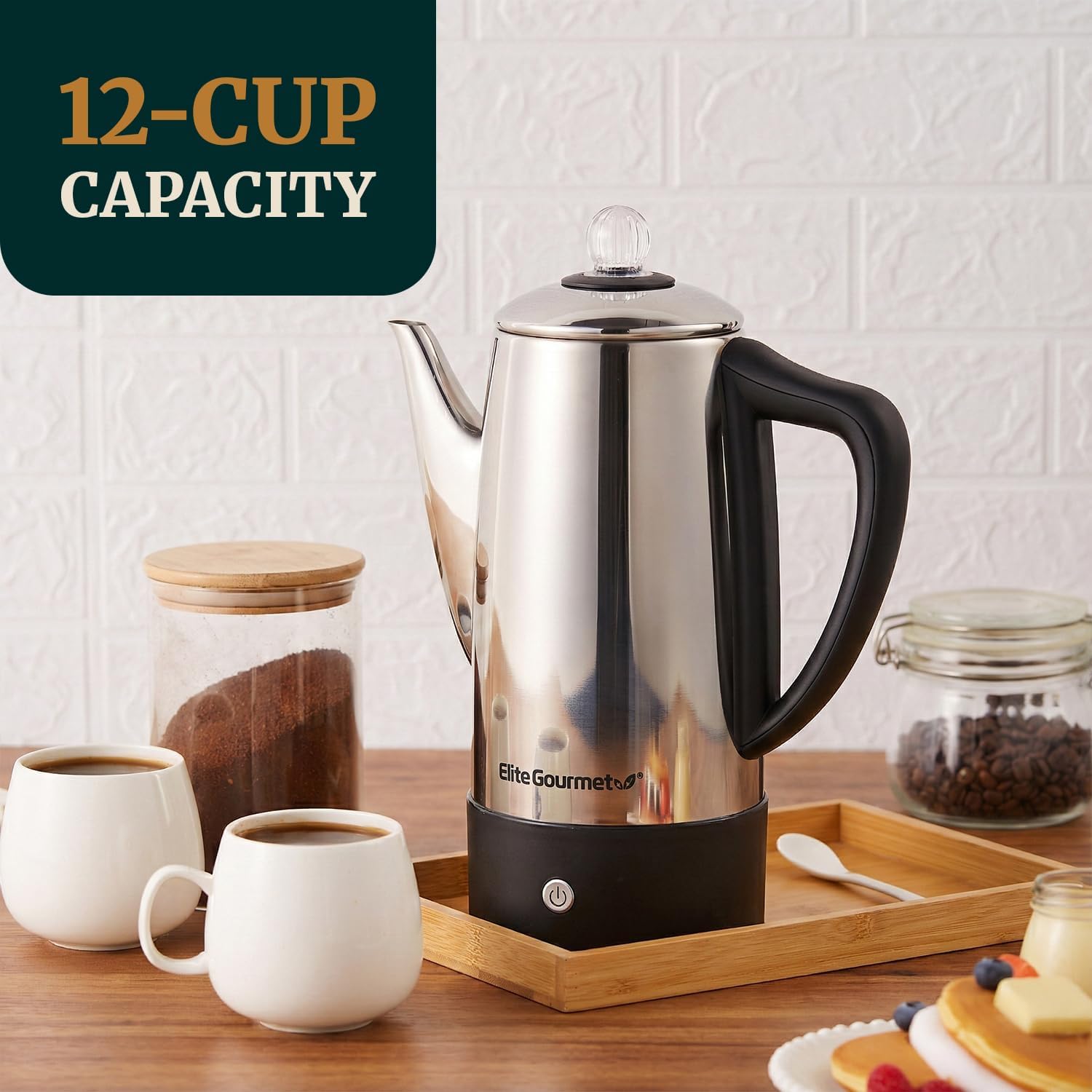 35 Elite Gourmet EC812 Electric 12-Cup Coffee Percolator with Keep Warm, Clear Brew Progress Knob Cool-Touch Handle Cord-less Serve, Stainless Steel