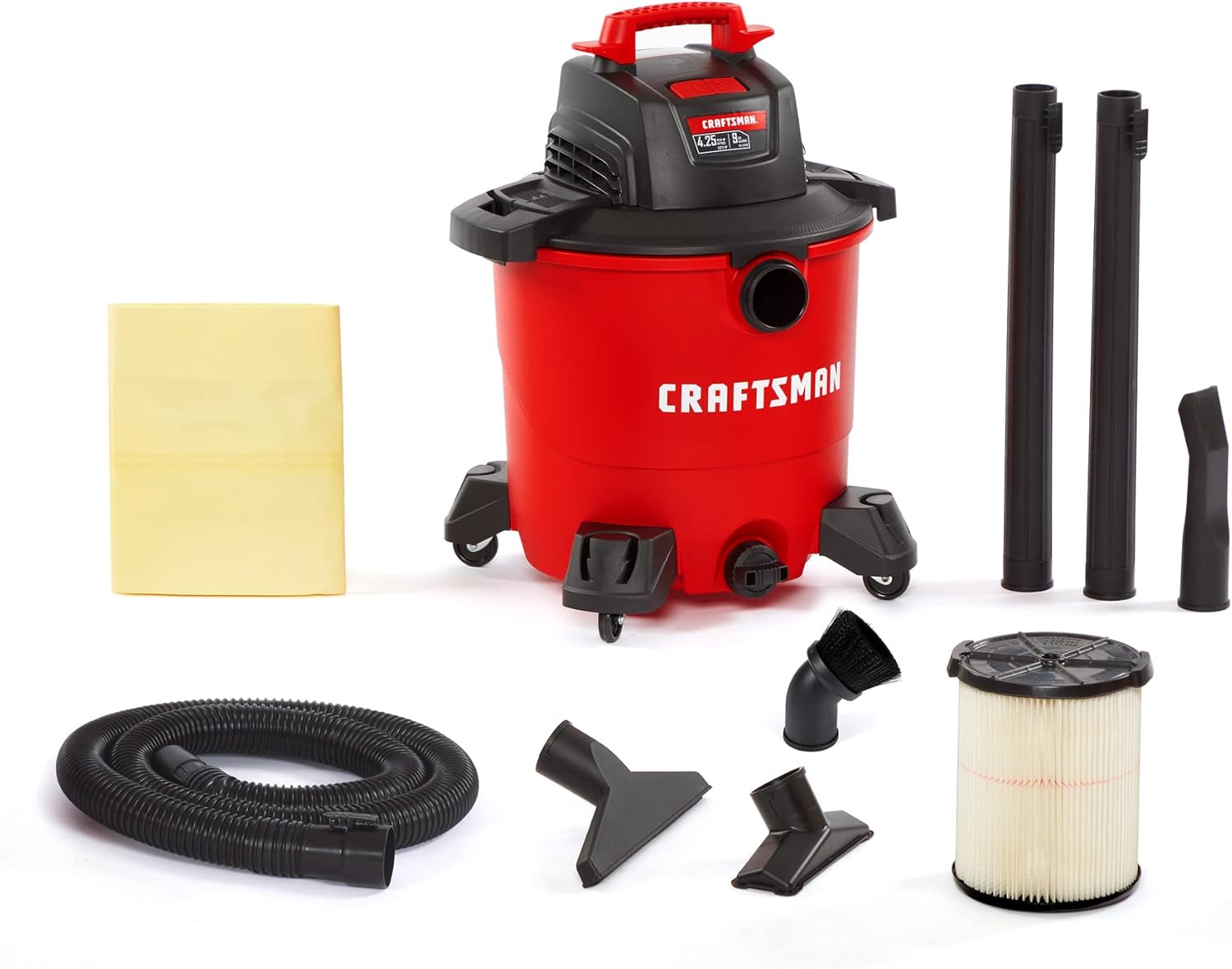 CRAFTSMAN CMXEVBE18690 9 Gallon 4.25 Peak HP Wet Dry Vac, Portable Shop Vacuum Wet and Dry with Filter, Dust Bag, Dusting Brush, Hose and Attachments for Home, Garage and Automotive Cleaning CRAFTSMAN CMXEVBE18690 9 Gallon 4.25 Peak HP Wet Dry Vac, Portable Shop Vacuum Wet and Dry with Filter, Dust Bag, Dusting Brush, Hose and Attachments for Home, Garage and Automotive Cleaning