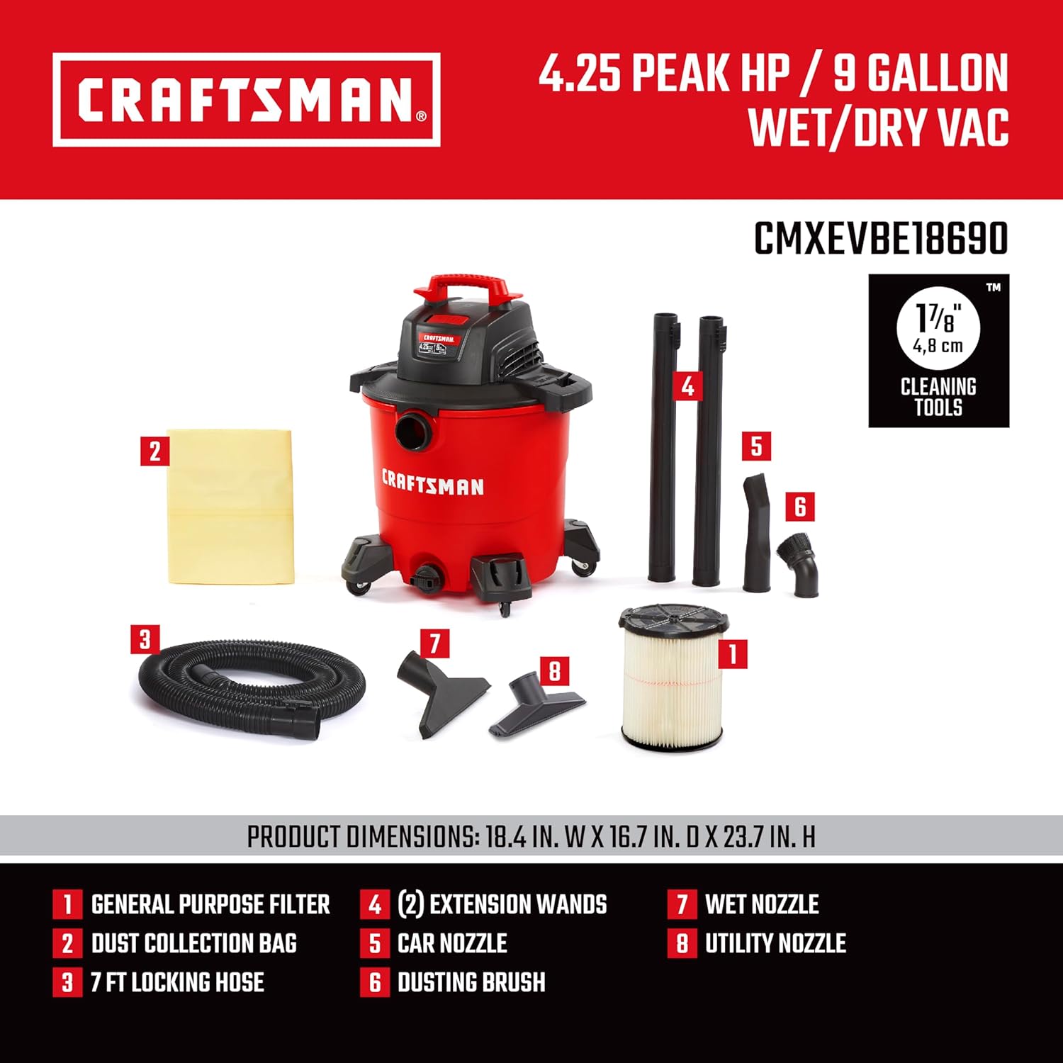 CRAFTSMAN CMXEVBE18690 9 Gallon 4.25 Peak HP Wet Dry Vac, Portable Shop Vacuum Wet and Dry with Filter, Dust Bag, Dusting Brush, Hose and Attachments for Home, Garage and Automotive Cleaning3 CRAFTSMAN CMXEVBE18690 9 Gallon 4.25 Peak HP Wet Dry Vac, Portable Shop Vacuum Wet and Dry with Filter, Dust Bag, Dusting Brush, Hose and Attachments for Home, Garage and Automotive Cleaning