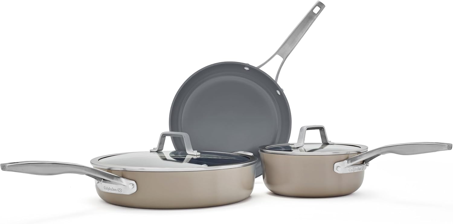 Calphalon® Premier Ceramic Nonstick 5-Piece Cookware Set, Mushroom Grey Calphalon® Premier Ceramic Nonstick 5-Piece Cookware Set, Mushroom Grey