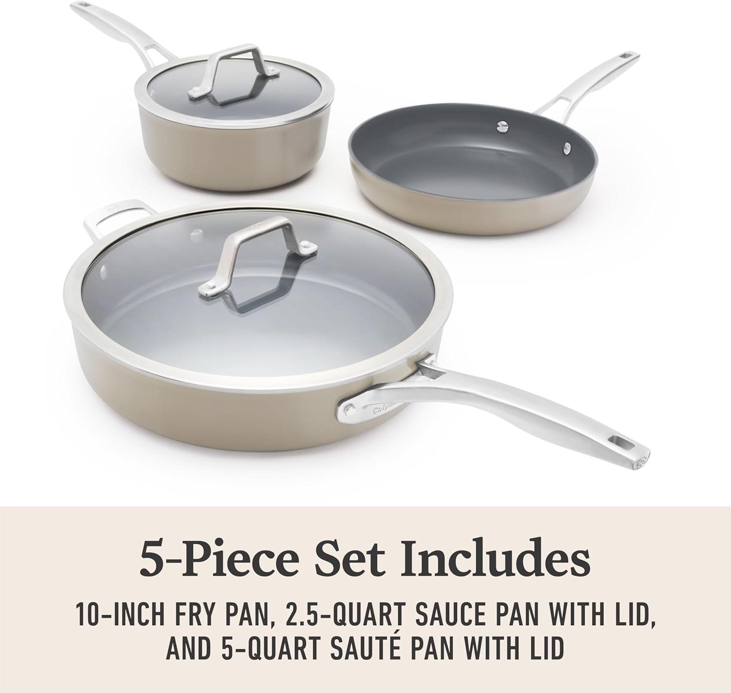 Calphalon® Premier Ceramic Nonstick 5-Piece Cookware Set, Mushroom Grey13 Calphalon® Premier Ceramic Nonstick 5-Piece Cookware Set, Mushroom Grey