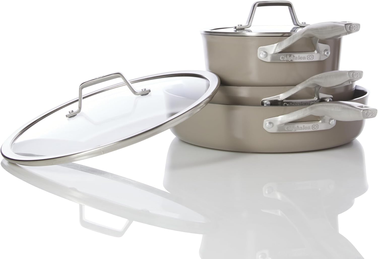 Calphalon® Premier Ceramic Nonstick 5-Piece Cookware Set, Mushroom Grey4 Calphalon® Premier Ceramic Nonstick 5-Piece Cookware Set, Mushroom Grey