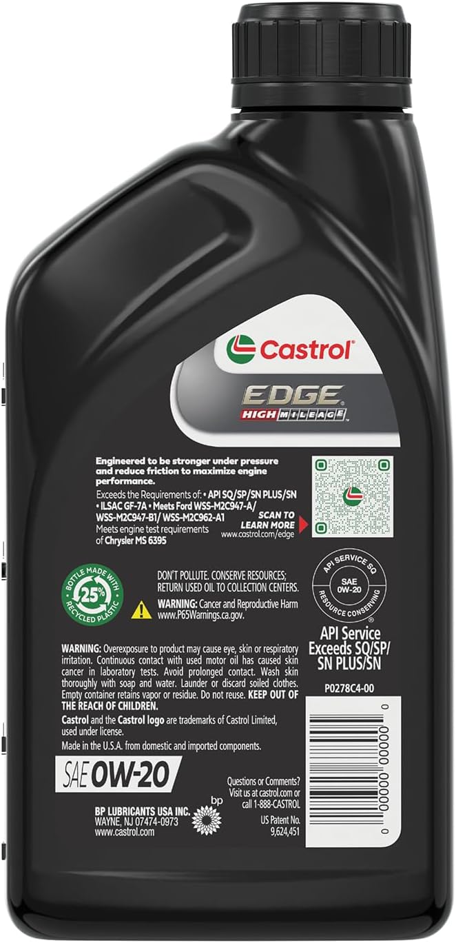 Castrol EDGE High Mileage 0W-20 Advanced Full Synthetic Motor Oil, 1 Quart, Pack of 65 Castrol EDGE High Mileage 0W-20 Advanced Full Synthetic Motor Oil, 1 Quart, Pack of 6