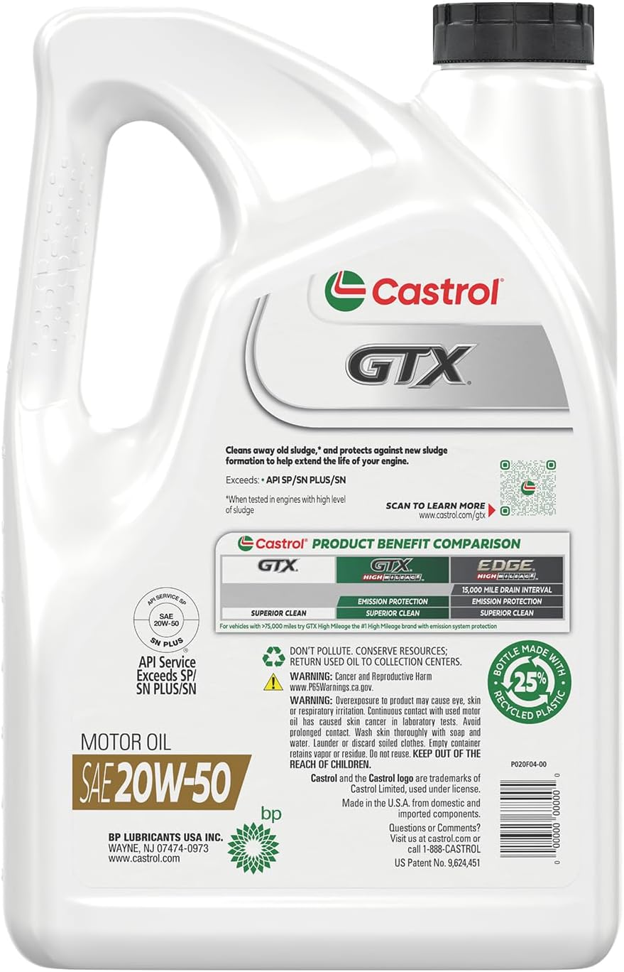 Castrol GTX 20W-50 Conventional Motor Oil, 5 Quarts, Pack of 34 Castrol GTX 20W-50 Conventional Motor Oil, 5 Quarts, Pack of 3