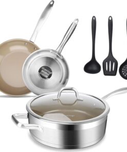Duxtop 7PC Stainless Steel Ceramic Coated Nonstick Pans Set, Induction Frying Pans, Non-stick Saute Pan with Lid, Impact-bonded Technology