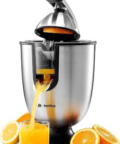 Eurolux Premium Electric Orange Juicer | Stainless Steel Citrus Squeezer With New Ultra-Powerful Motor and Soft Grip Handle for Effortless Juicing, Auto Shutoff, Dishwasher-safe Parts, Pulp Control