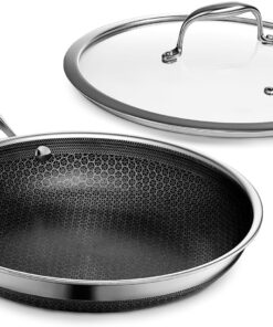 HexClad Hybrid Nonstick 10-Inch Frying Pan with Tempered Glass Lid, Stay-Cool Handle, Dishwasher-Friendly, Oven-Safe Up to 900°F, Induction Ready, Compatible with All Cooktops