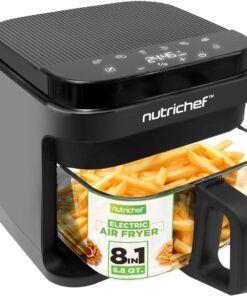Nutrichef 5.8 Quart Air Fryer | 8-1 Preset Cook Modes | Transparent Fry Bowl for Best Cooking Results | Cook Shrimp, Steak, Fries, Wings, Chicken & More | Precise Temperature Control & Time | Grey