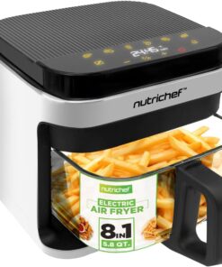 Nutrichef 5.8 Quart Air Fryer | 8-1 Preset Cook Modes | Transparent Fry Bowl for Best Cooking Results | Cook Shrimp, Steak, Fries, Wings, Chicken & More | Precise Temperature Control & Time | White