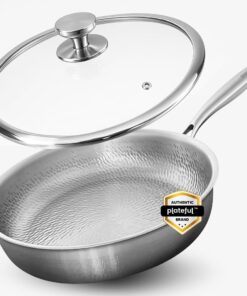 Plateful Titanium Pan For Cooking 12" - Pure, No Coating Non-Stick Titanium Cookware, Frying Pans, Hammered Pan, Safe For Oven, Induction & Cooktops Up To 750°F, Includes Lid